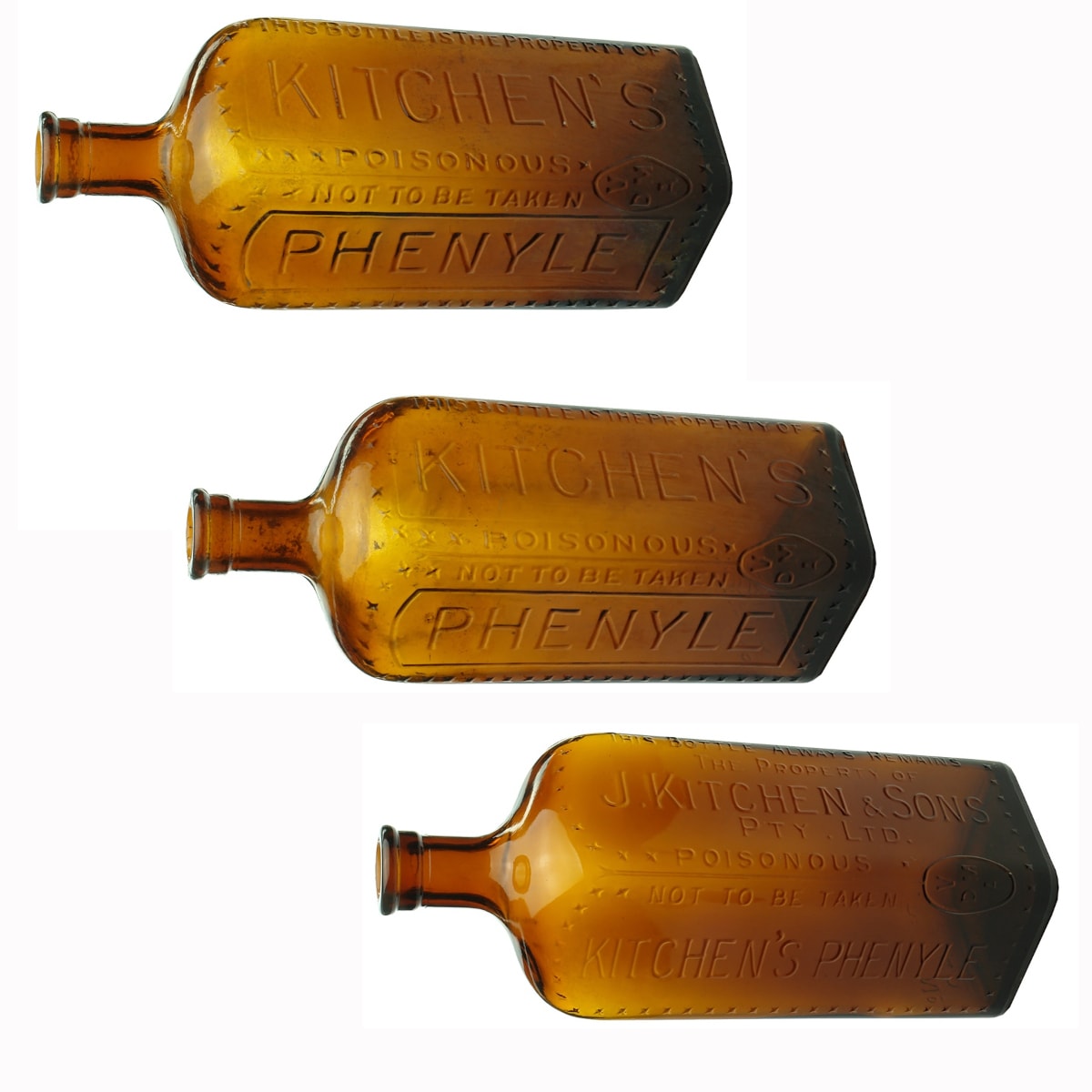 3 Phenyles: 2 x Kitchen's; 1 x J. Kitchen & Sons Pty Ltd. Poison. VDMA. Amber. 26 oz. (Victoria)