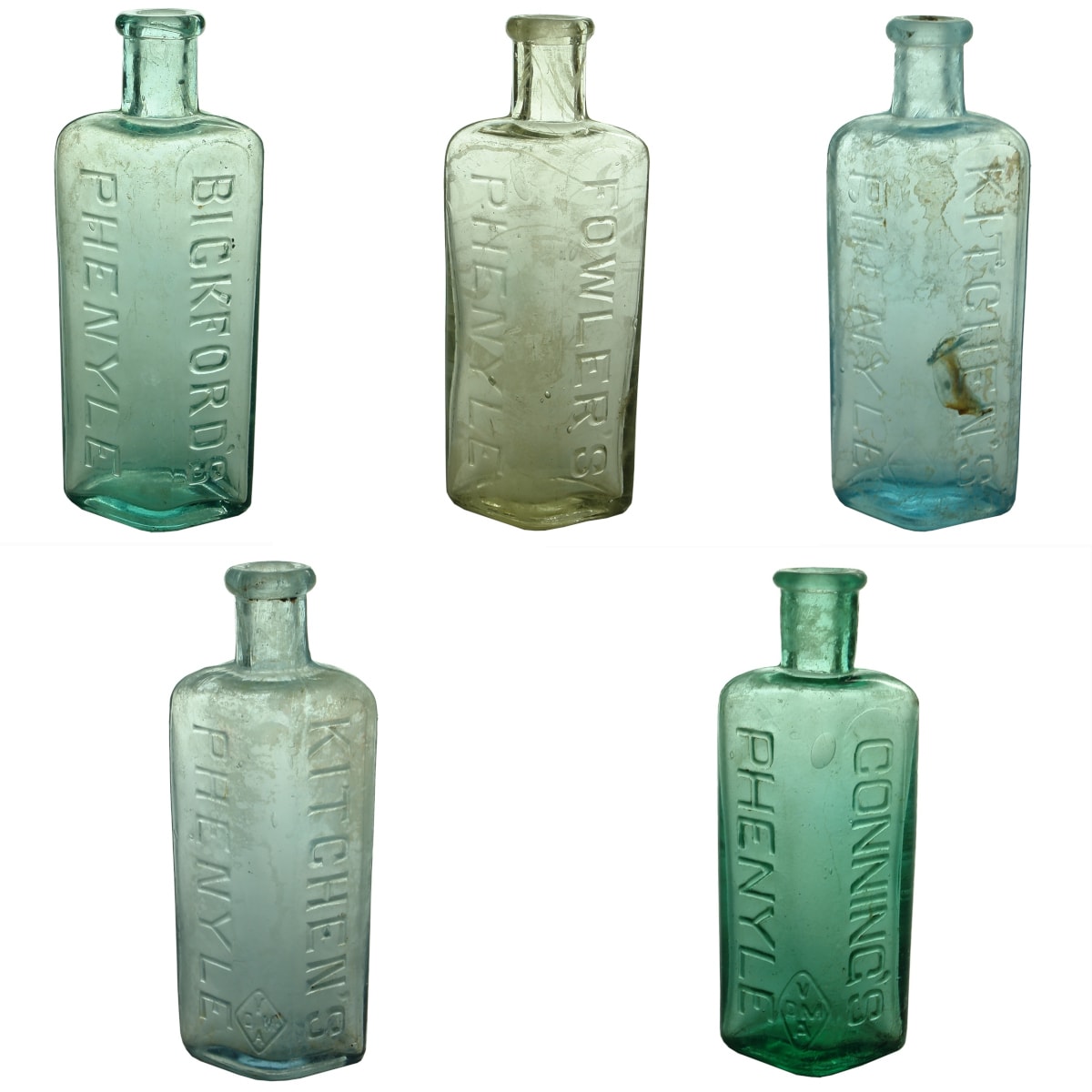 5 small Phenyles: Bickfords; Fowlers; 2 x Kitchens; Connings. (South Australia & Victoria)