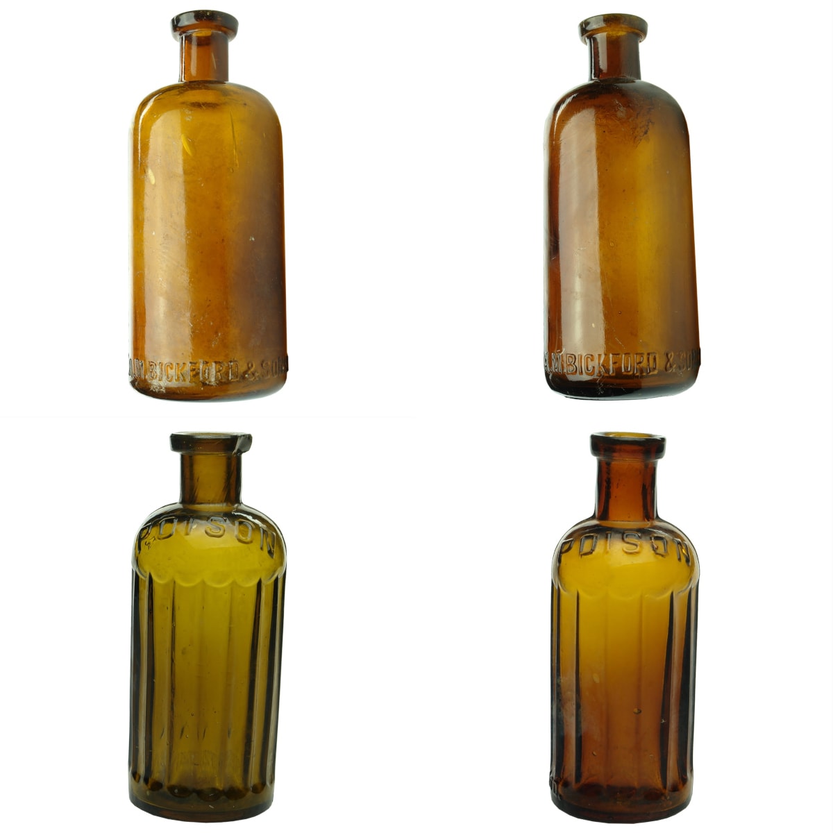 4 Round Amber Poison/Chemical Bottles. All A. M. Bickford & Sons Ltd. (South Australia)