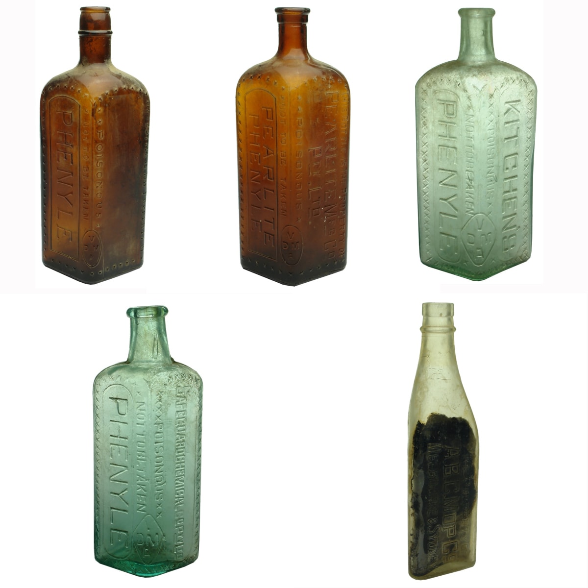 5 Phenyle/Kerosene bottles: Plain later Amber; Pearlite Mfg Co amber; Kitchens Aqua; Half Size Safeguard Chemical Co; Triangular A. B. C. Mop Co, Melbourne & Sydney.