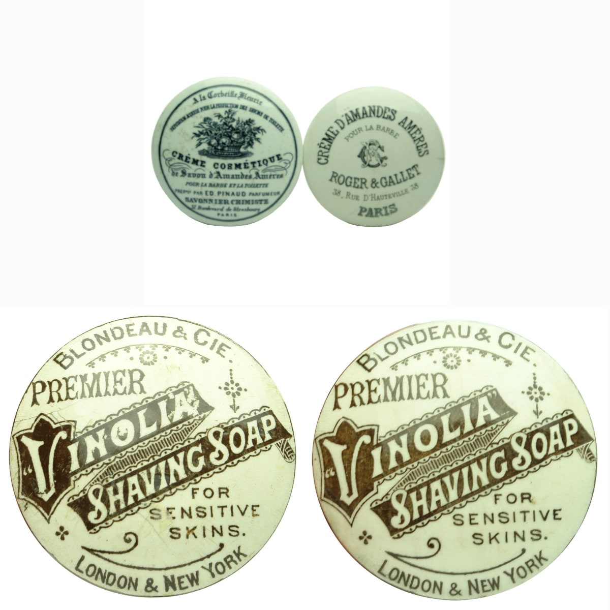 4 Shaving Cream Pot Lids: Ed Pinaud; Roger & Gallet; 2 x Vinolia.