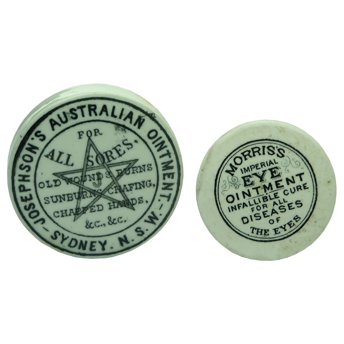 2 Australian Pot Lids: Josephson's Australian Ointment, Sydney; Morris's Imperial Eye Ointment (Melbourne).