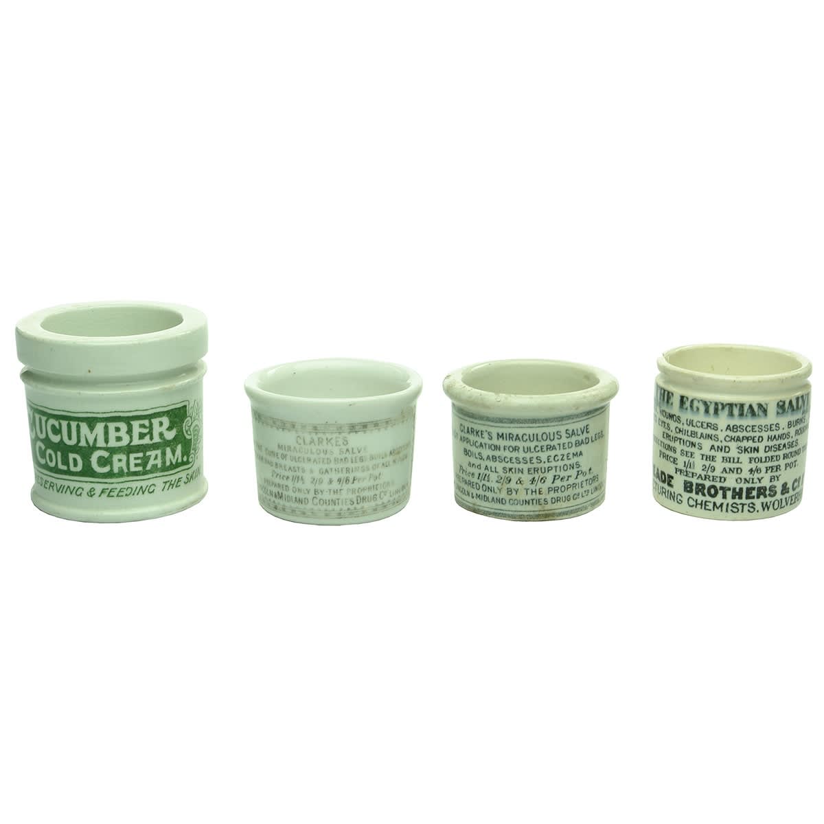 4 Different Printed Pots: 2 x different Clarke's Miraculous Sale; Reade Brothers, The Egyptian Salve; Cucumber Cold Cream.
