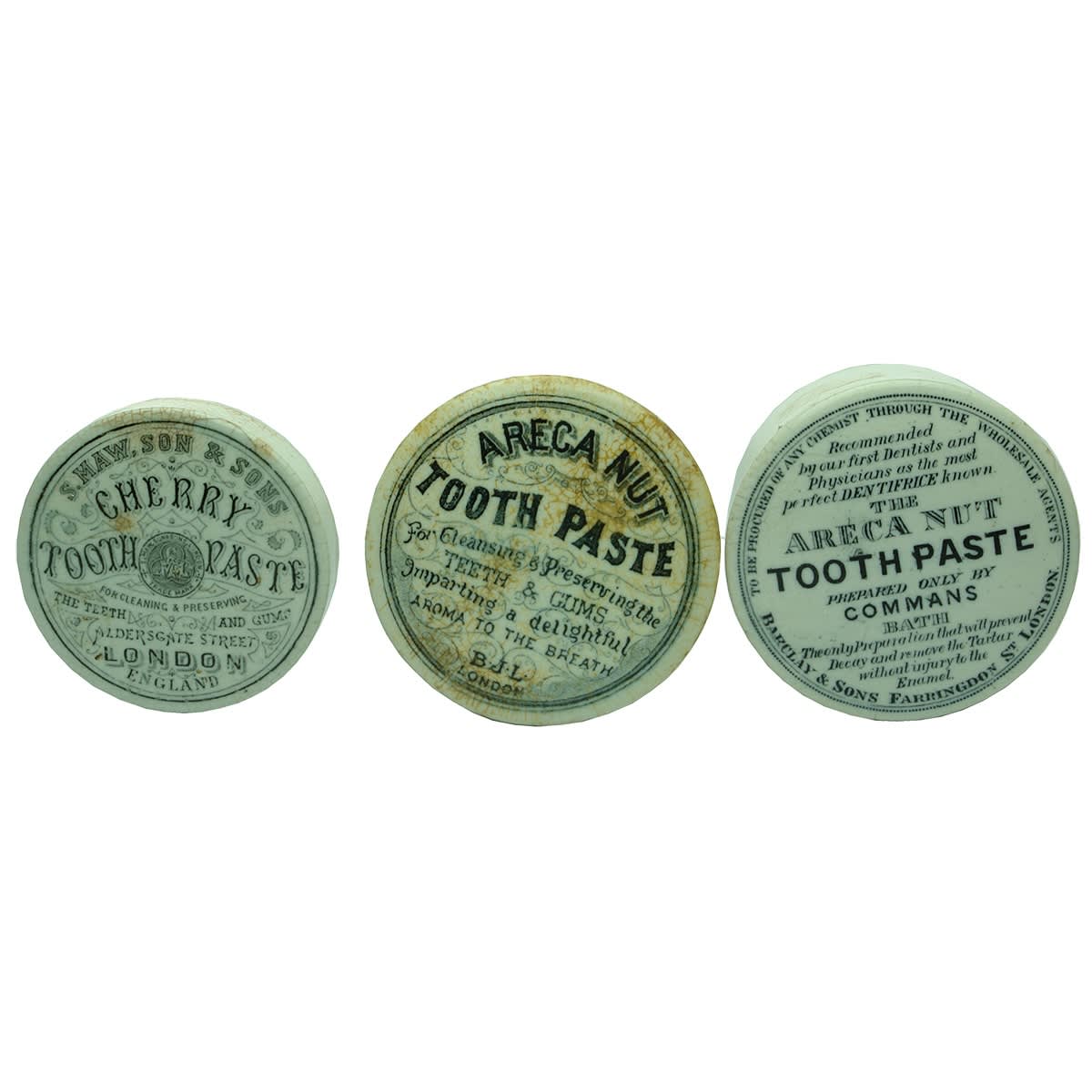 3 Tooth Paste Pot Lids: B. J. L. London Areca Nut Tooth Paste; Commans, Bath, Barclay & Sons London; S. Maw, Son & Sons.