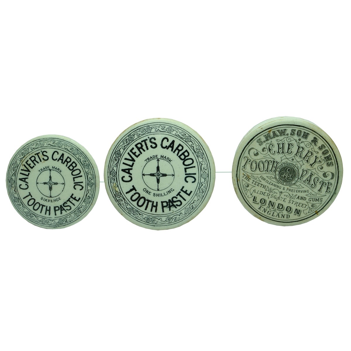 3 Tooth Paste Pot Lids: Calvert's Carbolic Tooth paste in 1 Shilling and 6 pence sizes; S. Maw, Son & Sons Cherry Tooth Paste.