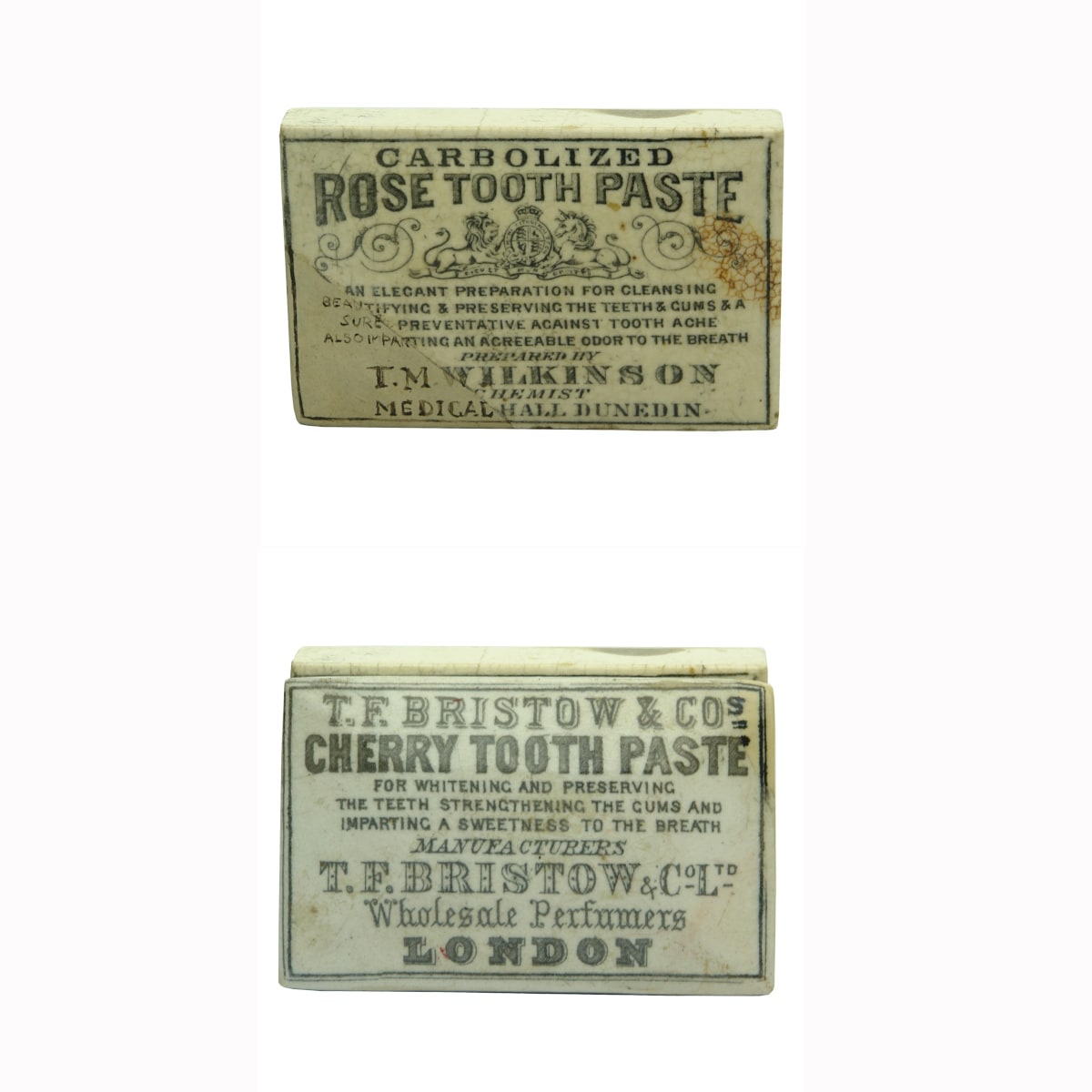 2 Rectangular Pot Lids: T. M. Wilkinson, Medical Hall, Dunedin; T. F. Bristow & Cos Cherry Tooth Paste London.