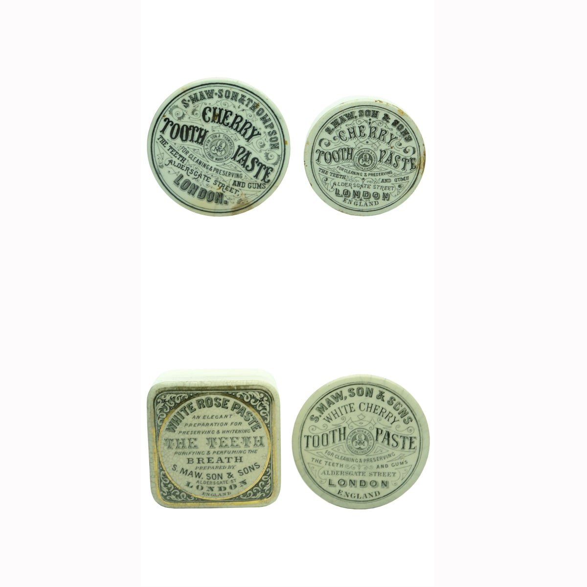 4 S. Maw pot lids: S. Maw Son & Thompson Cherry Tooth Paste; S. Maw Son & Sons Cherry, White Cherry and White Rose Tooth Pastes.
