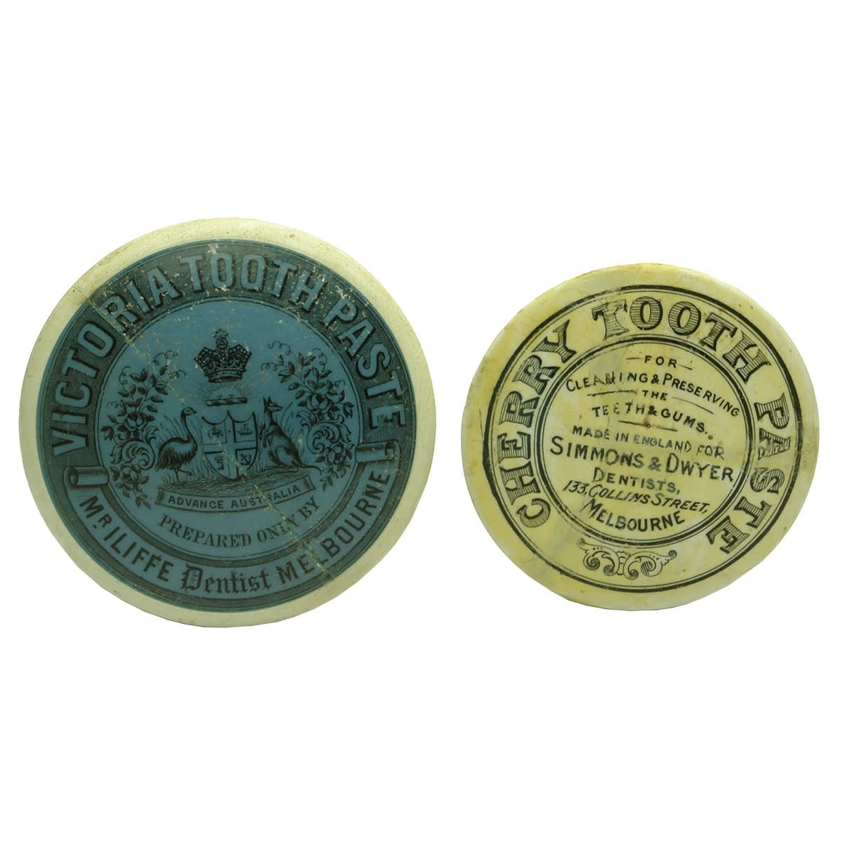 2 Pot Lids: Mr Iliffe, Dentist, Melbourne; Simmons & Dwyer, Dentists, Melbourne. Both repaired. (Victoria)