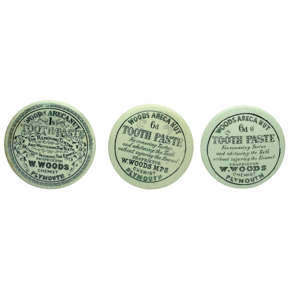 3 Pot Lids. All different variations of Woods Areca Nut Tooth Paste. W. Woods Chemist Plymouth.