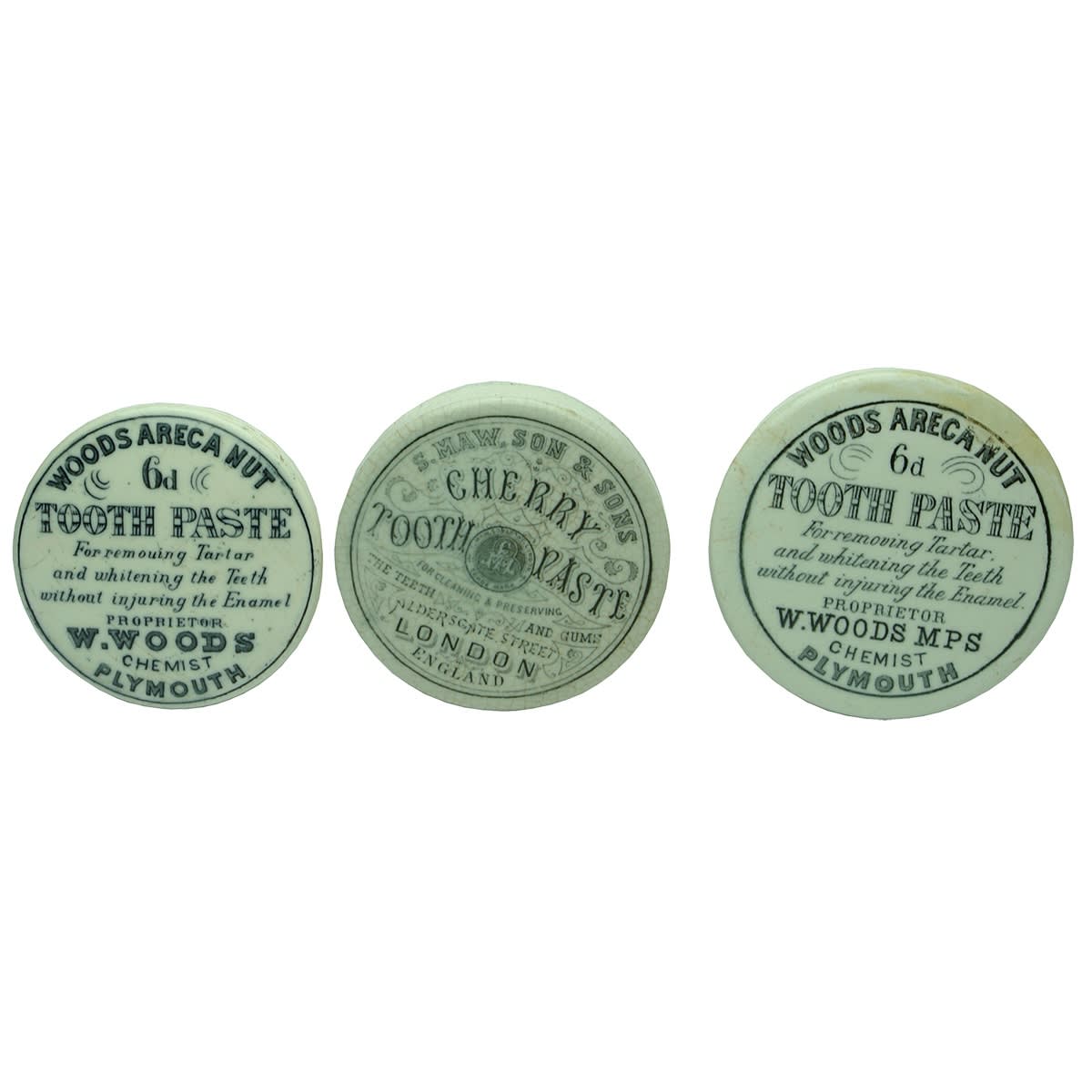 3 Tooth Paste Pot Lids: 2 variations of W. Woods Areca Nut Tooth Paste; S. Maw, Son & Sons Cherry Tooth Paste.
