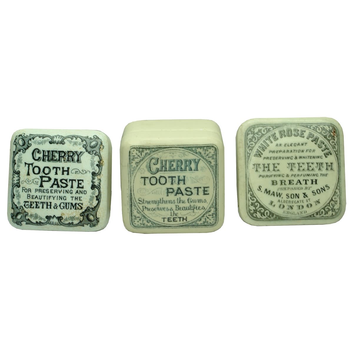 3 Square Tooth Paste Pot Lids: 2 x Generic Cherry Tooth Paste (one with base); S. Maw, Son & Sons White Rose Paste.