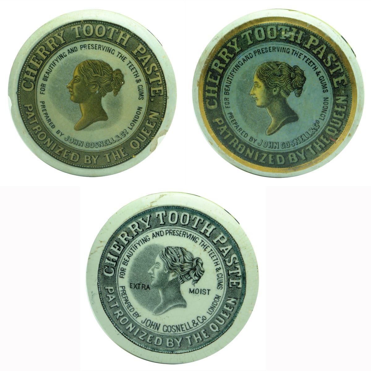 3 Pot Lids. Different variations of John Gosnell & Co Cherry Tooth Paste. Queens Head Pot Lids. Coloured & Black & White.