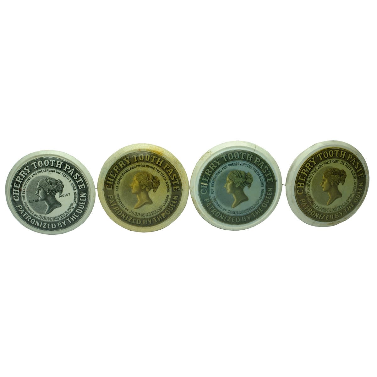 4 Pot Lids. Different variations of John Gosnell & Co (and John Gosnell & Co Ltd) Cherry Tooth Paste. Queens Head Pot Lids. Coloured & Black & White.