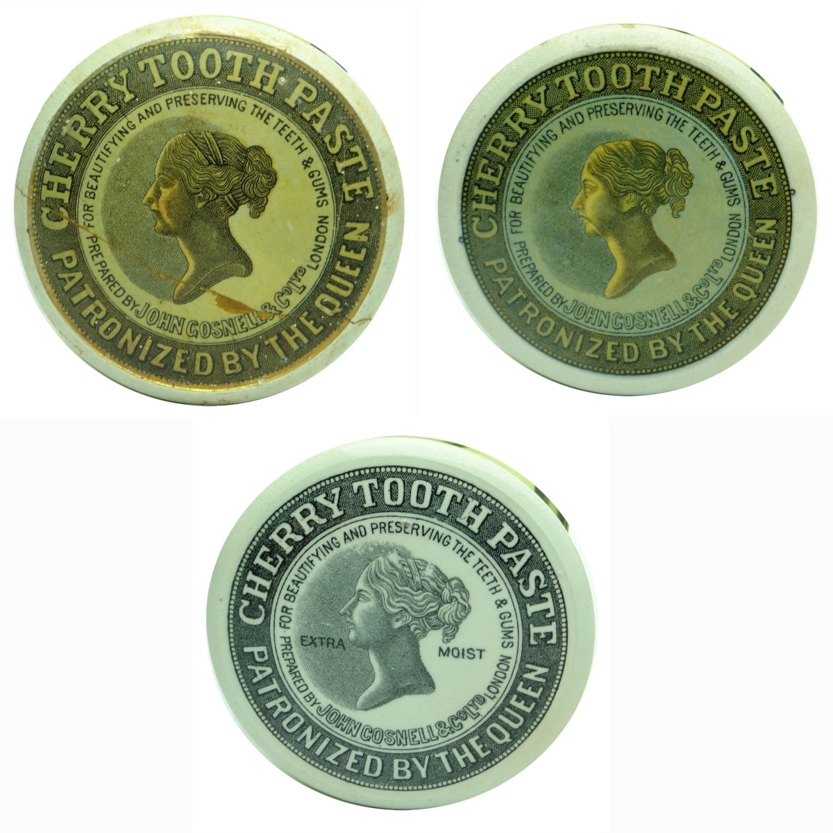 3 Pot Lids. Different variations of John Gosnell & Co Ltd Cherry Tooth Paste Queens Head Pot Lids. Coloured & Black & White.