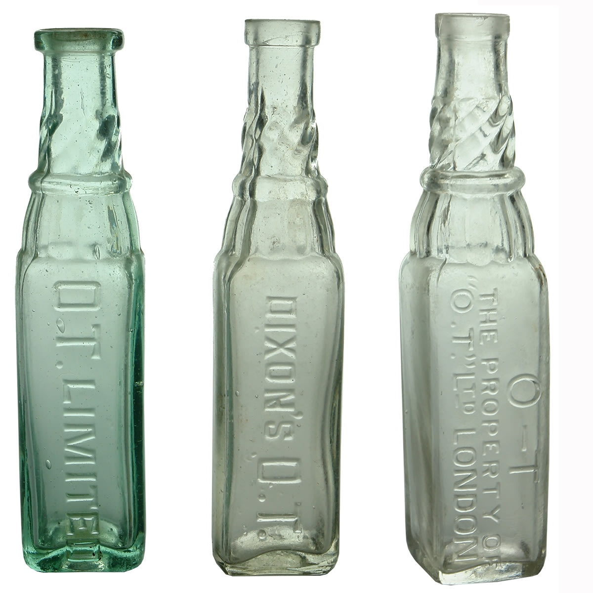3 Sample O. T. Cordial Variations: 1. O. T. Limited. Aqua. 2 oz. 2. Dixon's O. T. Clear. 2 oz. (Victoria) 3. "O.T." Ltd London. Clear. 2 oz. (United Kingdom)