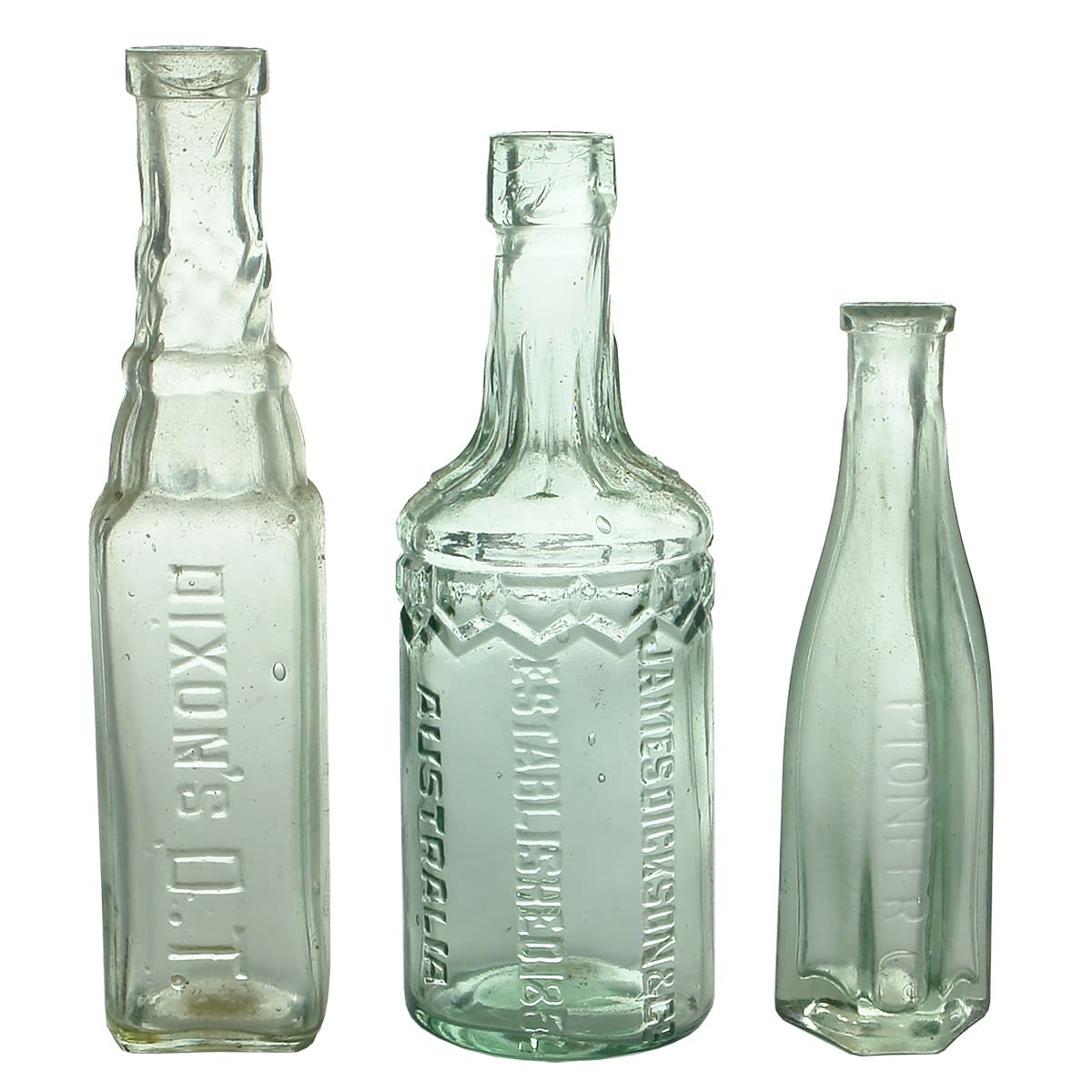 Sample. 1. Dixon's O. T. Cordial. Clear. 2 oz. 2. James Dickson & Co. Aqua. 4 oz. 3. Pioneer Co. Aqua. 1 oz. (Victoria)
