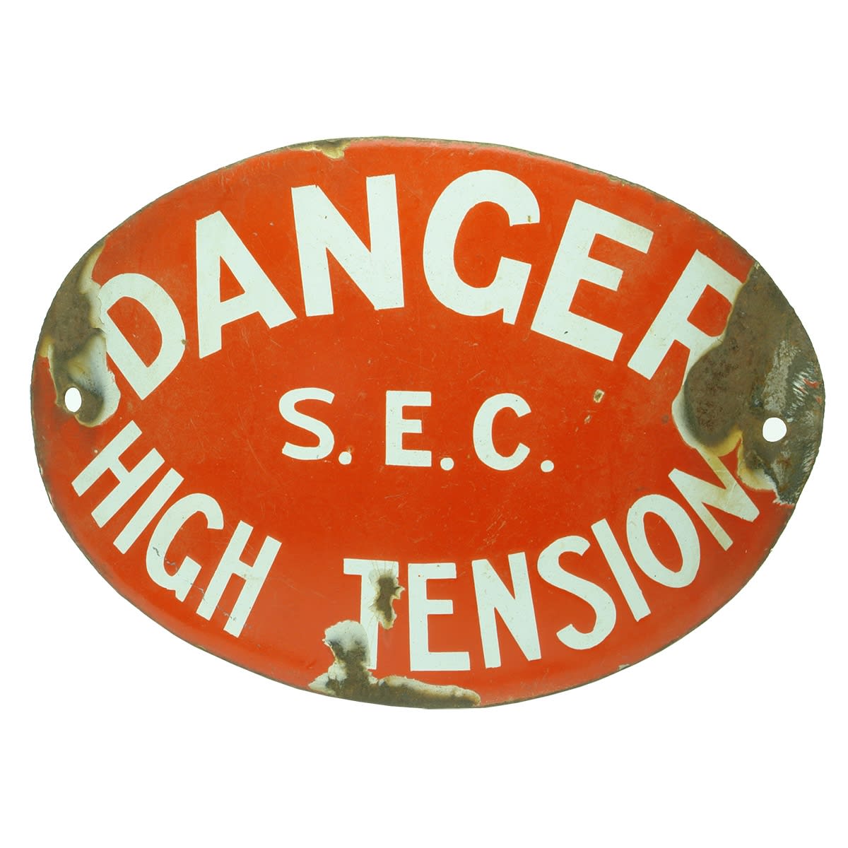 Sign. S. E. C. Danger, High Tension. Curved Oval Enamel Sign. White on Red.