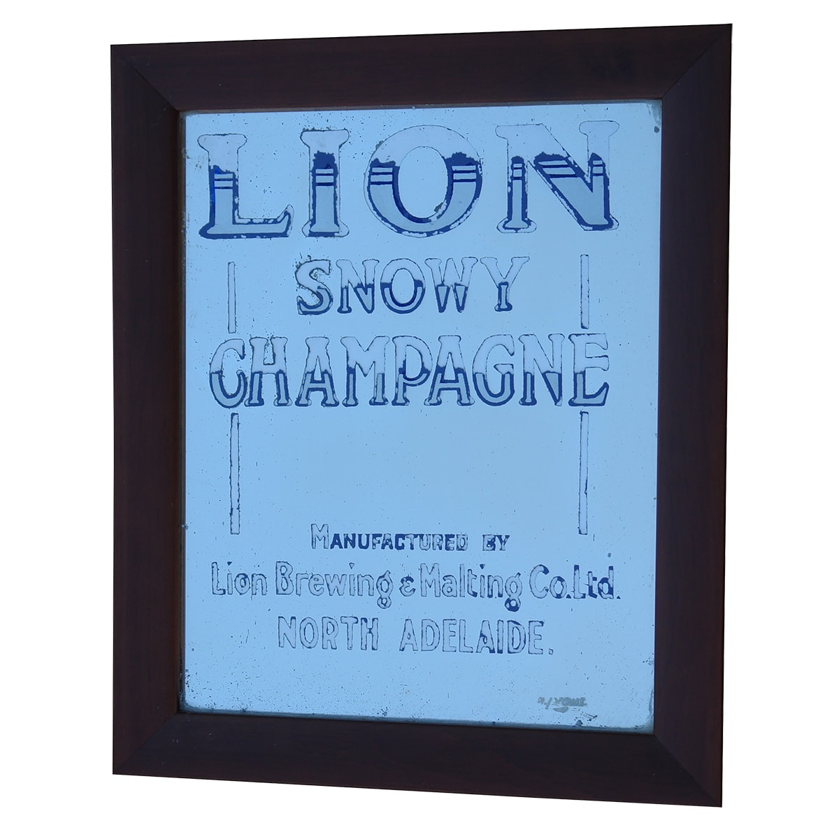 Mirror. Lion Snowy Champagne, Manufactured by Lion Brewing & Malting Co. Ltd., North Adelaide. 370 x 450 mm. (South Australia) (Late Kingsley Durdin collection)