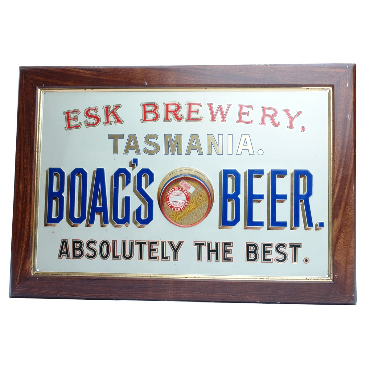 Pressed Tin Sign. Esk Brewery, Tasmania. Boag's Beer. Barrel. 495 x 338 mm. (Tasmania) (Late Kingsley Durdin collection)