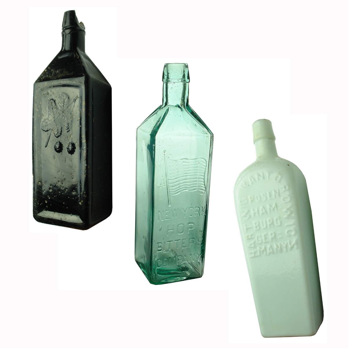 3 Bitters: Dr Soule; New York Hop Bitters Company; Hartwig Kantorowicz, Posen, Hamburg, Germany, backwards Z.