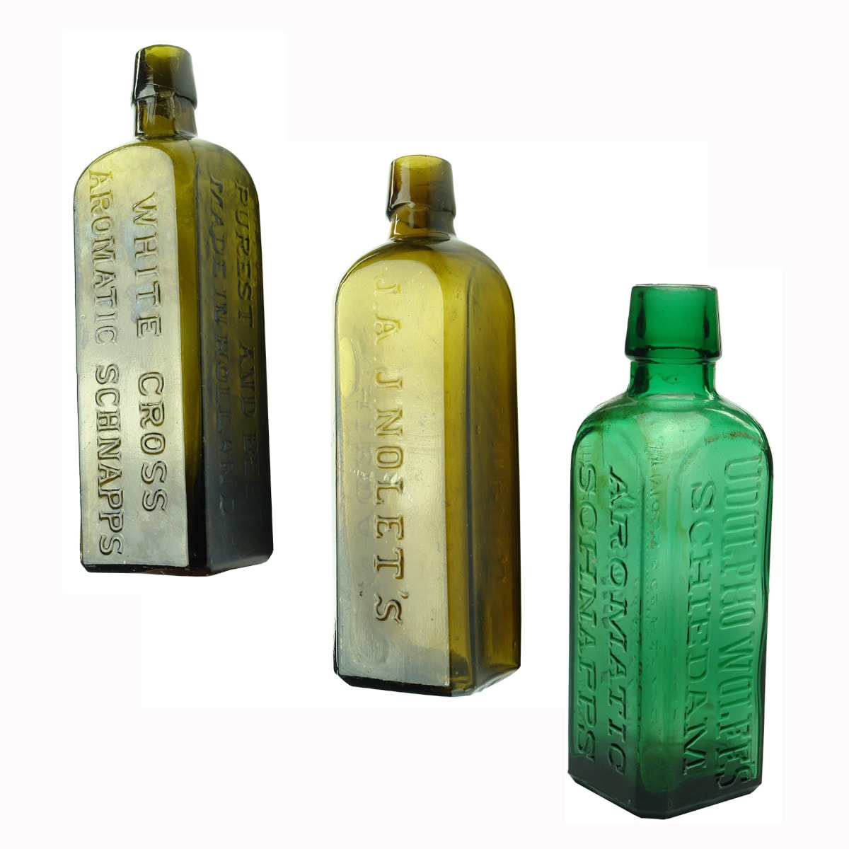 3 Schnapps: White Cross Aromatic, Lucas Lock & Co Agents Sydney; J. A. J. Nolet's; Udolpho Wolfe's Schiedam, M. Moss & Co Pty Ltd midget size.
