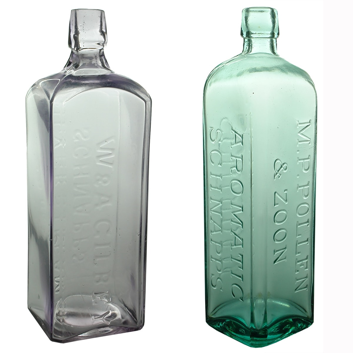 2 Schnapps. W. & A. Gilbey, Silver Stream Schnapps. Sun Coloured Amethyst; M. P. Pollen & Zoon, AGM Base. Aqua. 26 oz.