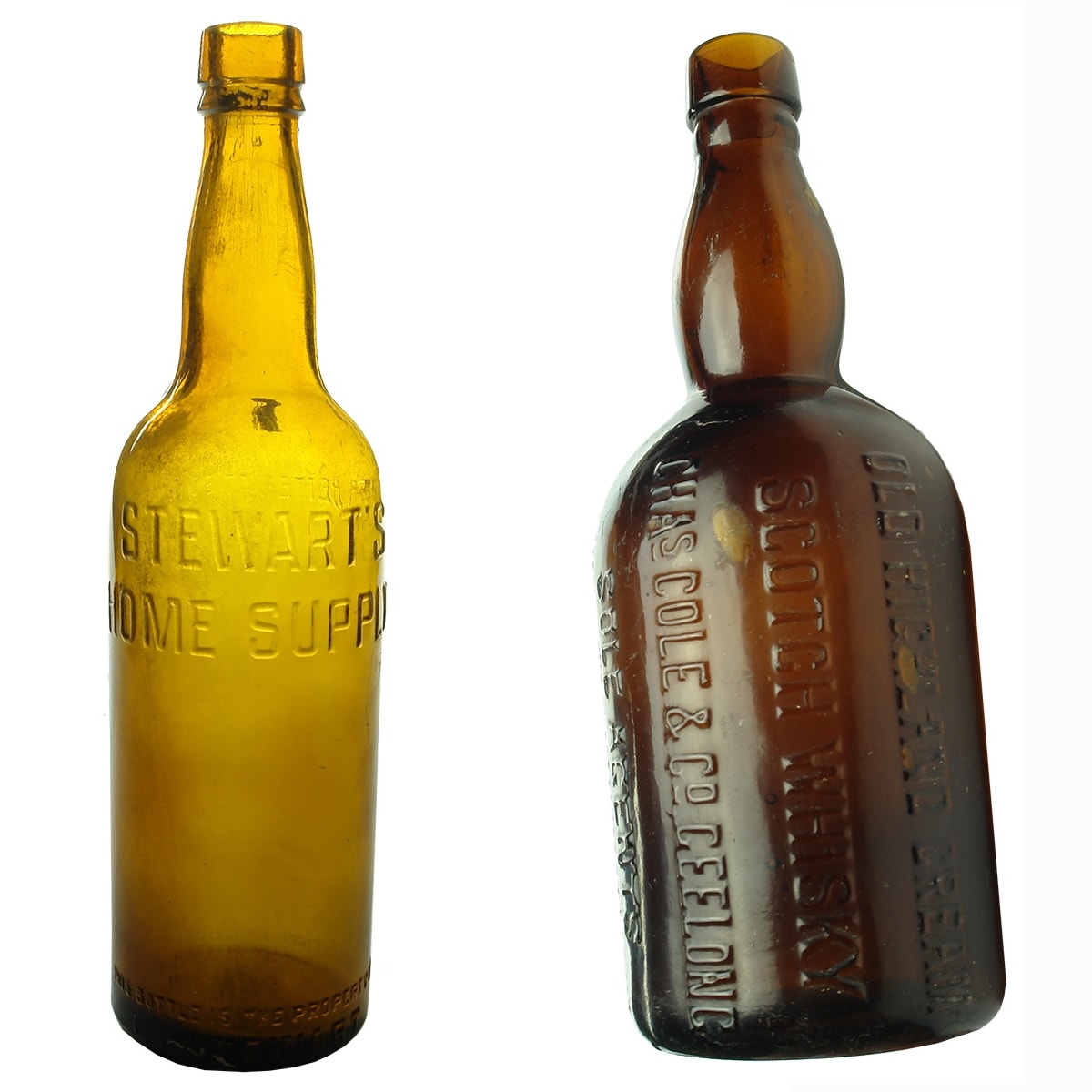 2 Spirits Bottles: Stewarts Home Supply Brisbane; Chas Cole Old Highland Whisky Geelong. (Queensland & Victoria)