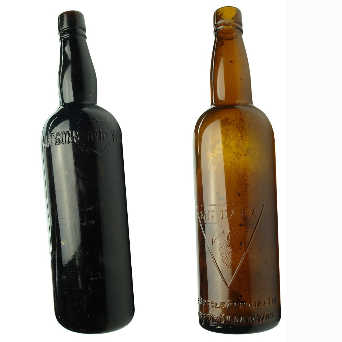 2 Whisky/Wine Bottles: Watson's No 10 Whisky; Mildara Wines.