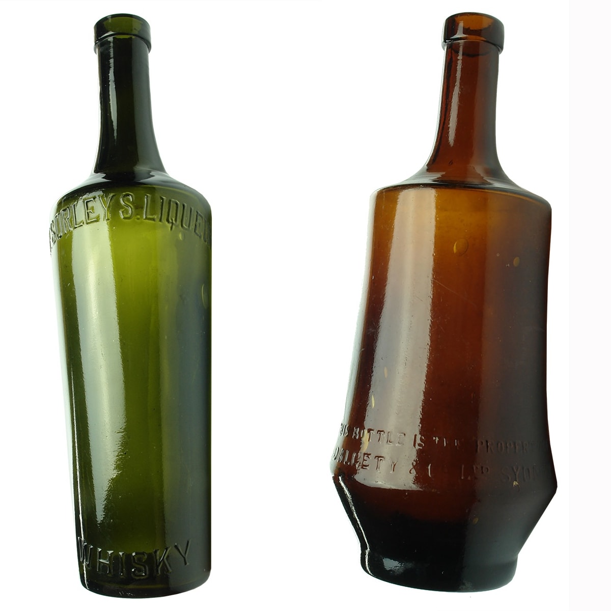 2 Whisky Bottles. McSorley's Liqueur Whisky. Dark Green; Thornes Whisky shape but only embossing is This bottle is the property of Dalgety & Co Ltd Sydney. AGM. Amber. (New South Wales)