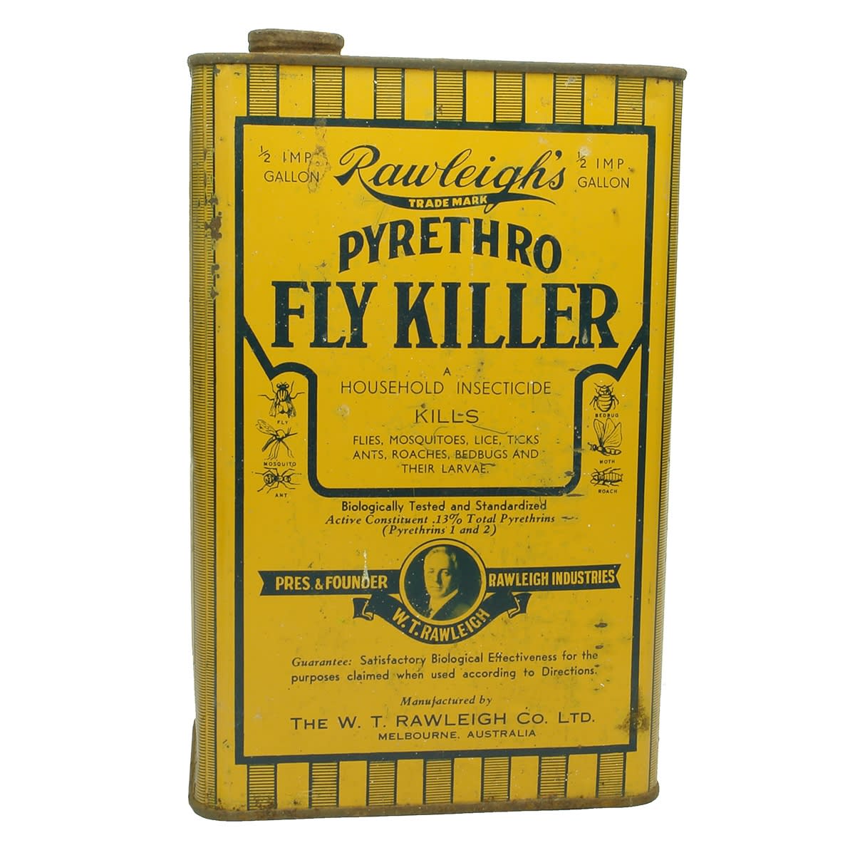 Tin. Rawleigh's Pyrethro Fly Killer. Household Insecticide. 1/2 Imperial Gallon. The W. T. Rawleigh Co Ltd Melbourne Australia.