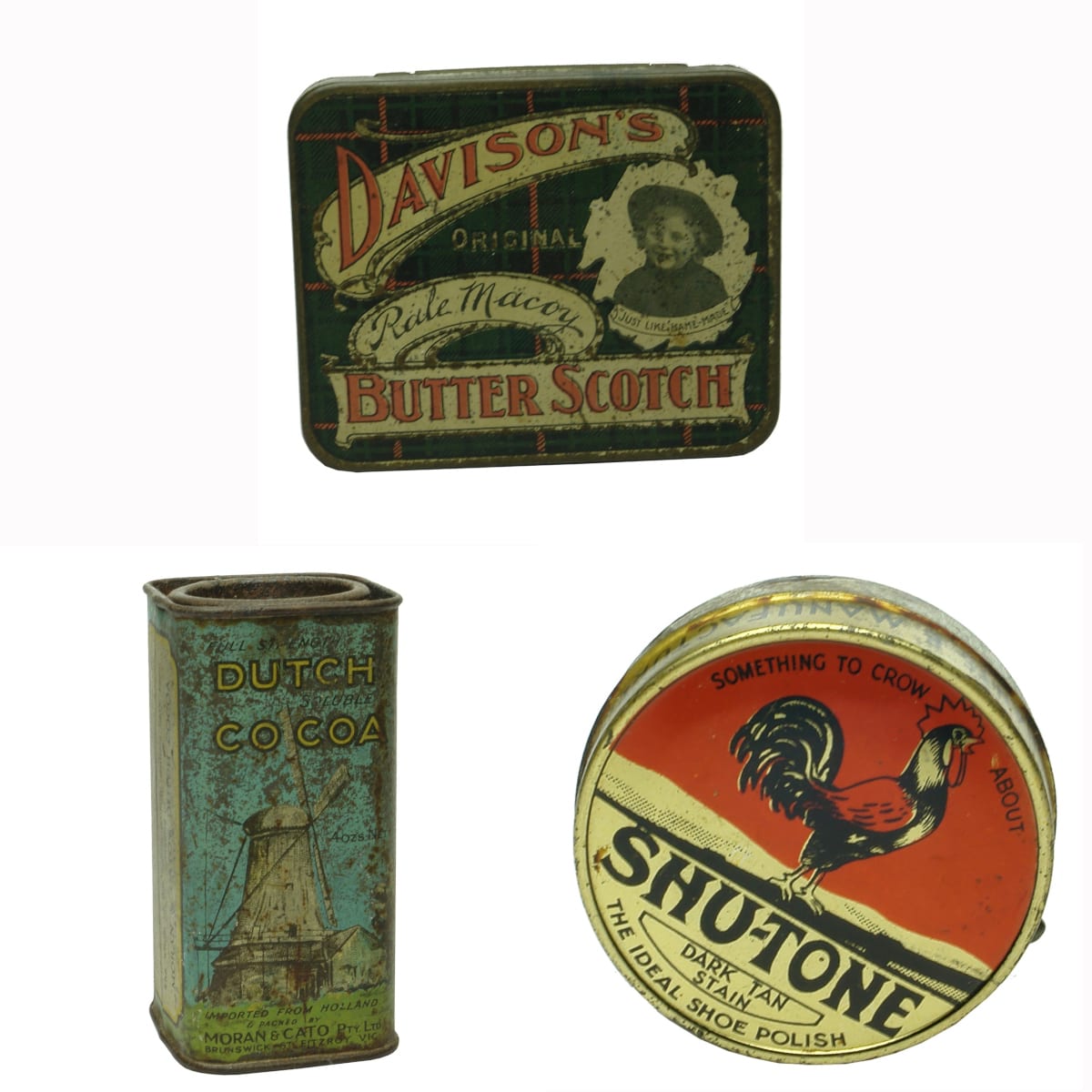 3 Tins. Davison's Original Rale Macoy Butter Scotch, Davison's Pty. Ltd. Manufacturing Confectioners, Richmond; Moran & Cato Fitzroy Dutch Cocoa; The Ideal Shoe Polish Julius Cohn & Co Adelaide. (Victoria & South Australia)