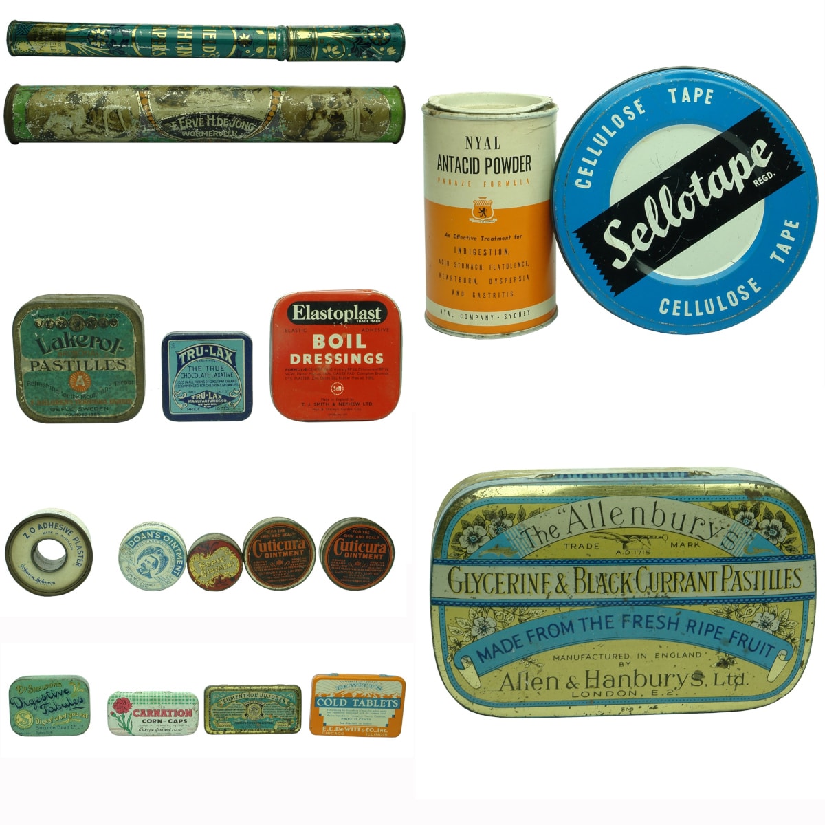 17 Tins: Fields Lighting Tapers; De Jongs Chocolate; Nyal; Sellotape; Lakerol; Tru Lax; Elastoplast; Doans; Cuticura and much more.