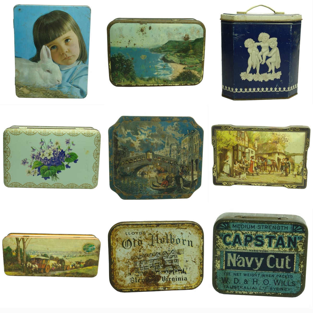9 Tins: Girl With Rabbit, A W Allen Melbourne; Beach scene, Sweetacres; Blue & White Cherubs Huntley & Palmer; Flowers, Nestles; Venice; Admiration; Wagon Train, Pascall; Old Holborn; Capstan Navy Cut.