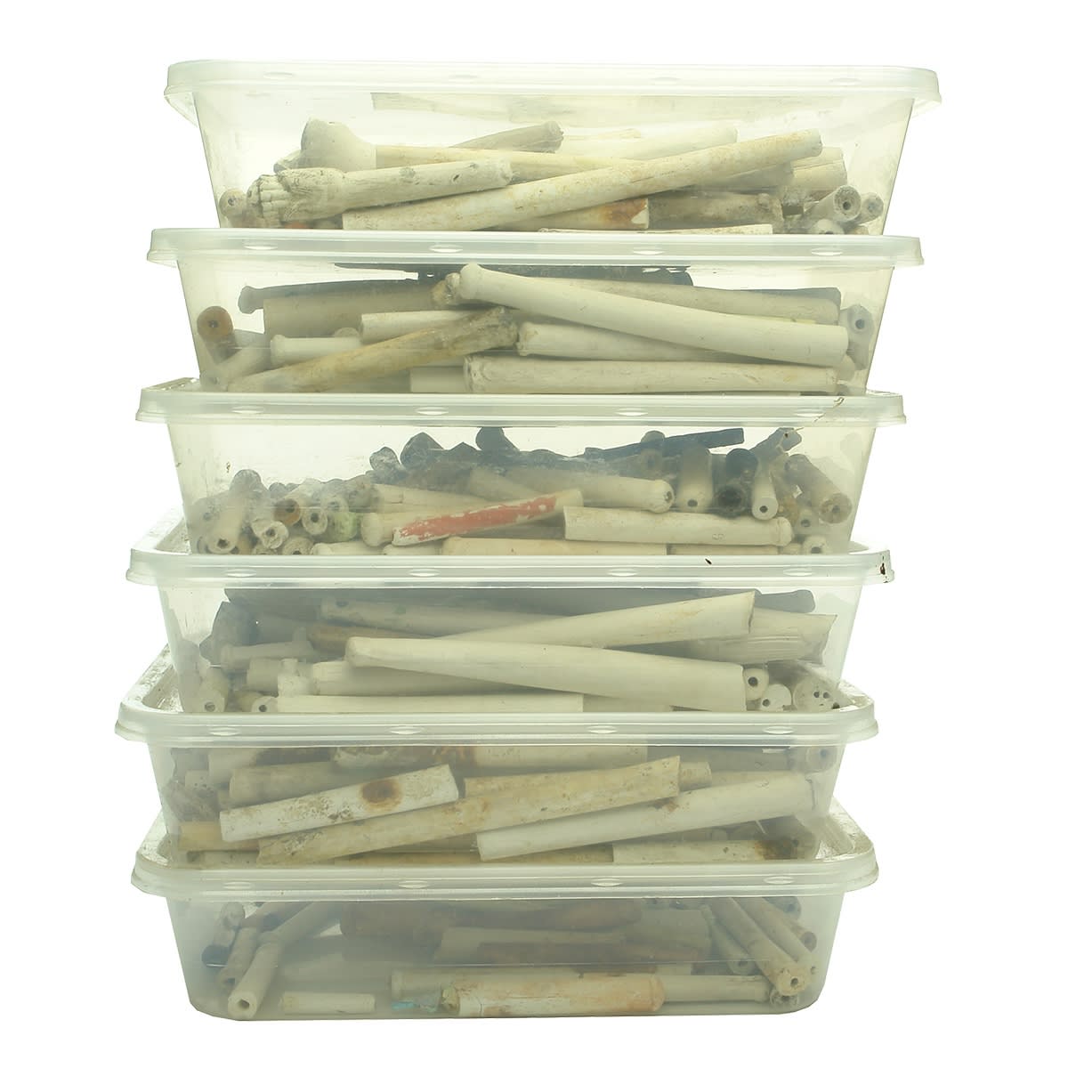 6 Plastic container of Cly Pipe Stems! Impressed pieces, patterns, mouthpieces and more!