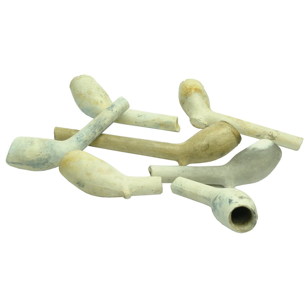 7 Clay Pipe Bowls with part stems. Small angled bowls all 1640s - 1670s.