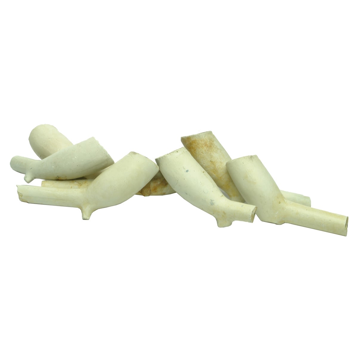 7 Clay Pipe Bowls. Long tapered ends. 1650s - 1700.