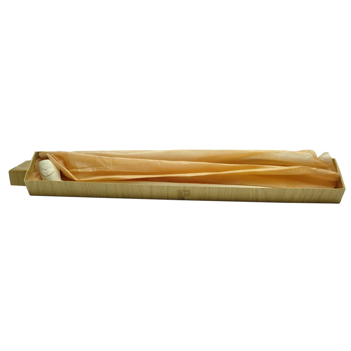 Clay Pipe. Very long stemmed pipe. Judges head type figure to one side of the bowl. Red on one end. In presentation box.