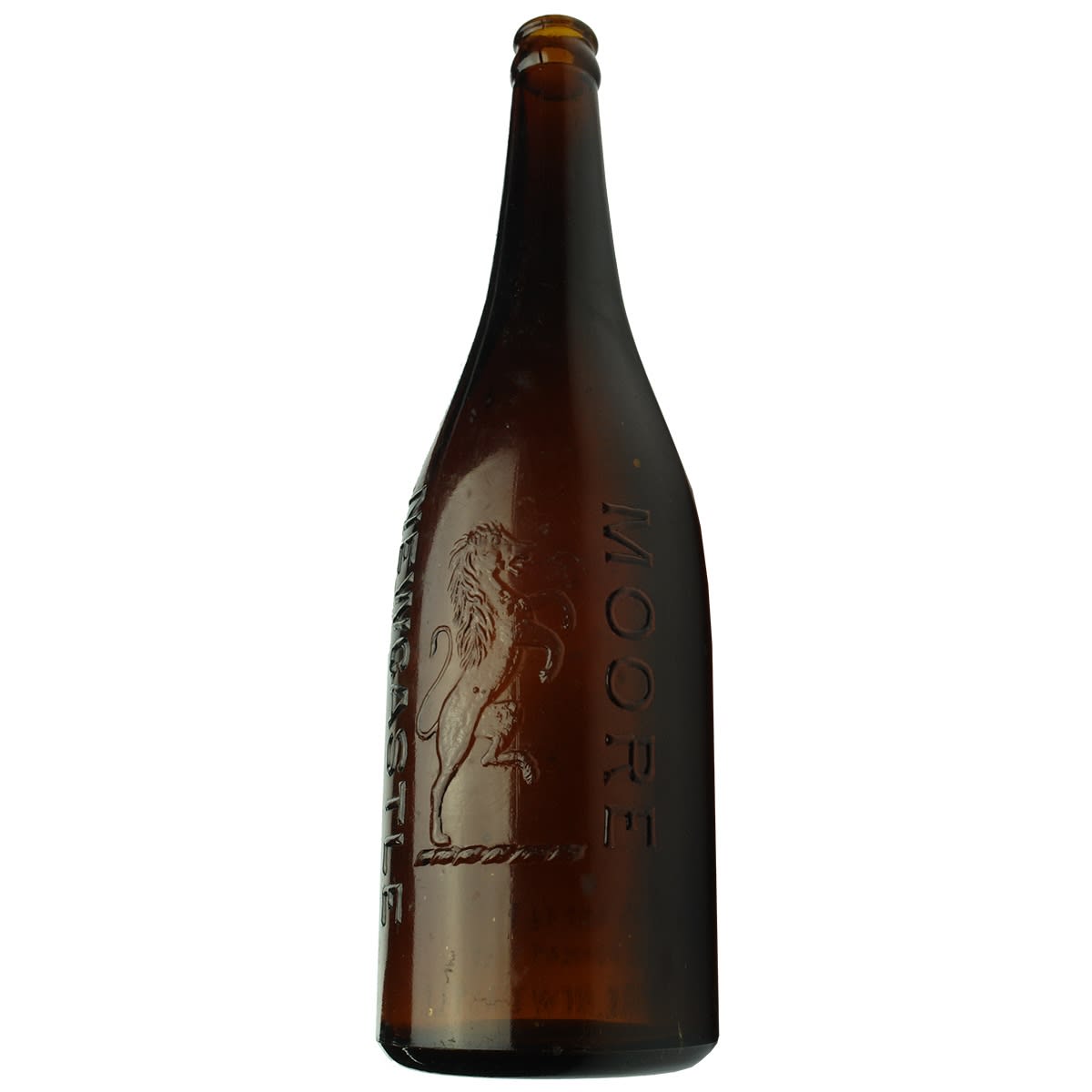 Crown Seal. Moore, Newcastle. Rampant Lion. A. F. Moore. Dark Amber. 26 oz. (New South Wales)