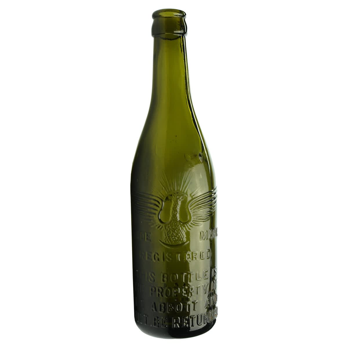 Crown Seal. Abbott's, Tasmania, Phoenix. M. E. Abbott. Made in Sweden. Green. 10 oz. (Tasmania)