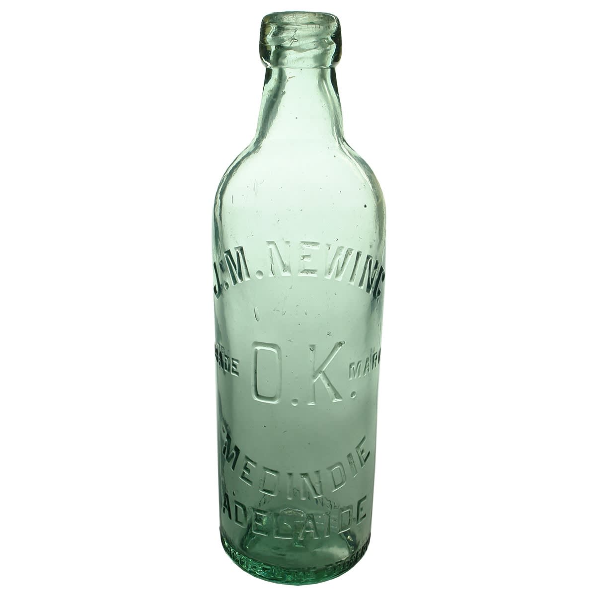Internal Thread. J. M. Newing, Medindie, Adelaide. OK trade mark. Aqua. 26 oz. (South Australia)