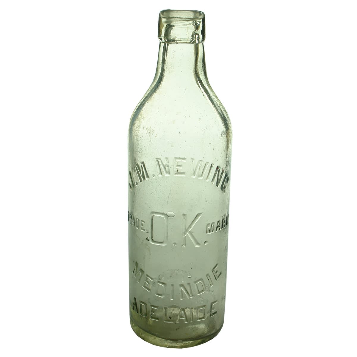 Internal Thread. J. M. Newing, Medindie, Adelaide. OK trade mark. Clear. 26 oz. Semi Machine top - Square top variety. (South Australia)