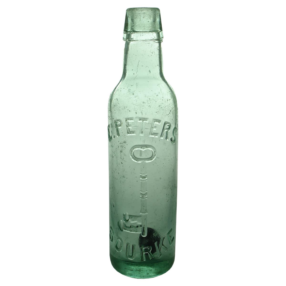 Lamont. E. Peters, Bourke. Key. Kilner Bros. Aqua. 10 oz. (New South Wales)