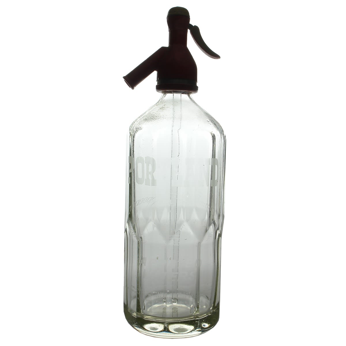 Soda Syphon. Portland Aerated Waters. Lighthouse. St James shape. Clear. 30 oz. Original plastic top. (Victoria)