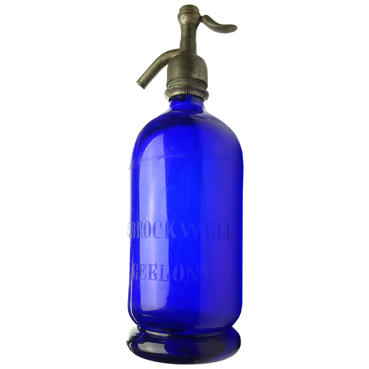 Soda Syphon. W. Brockwell, Geelong. Wheel cut type. Cobalt Blue. Polished pontil scar to base. (Victoria)