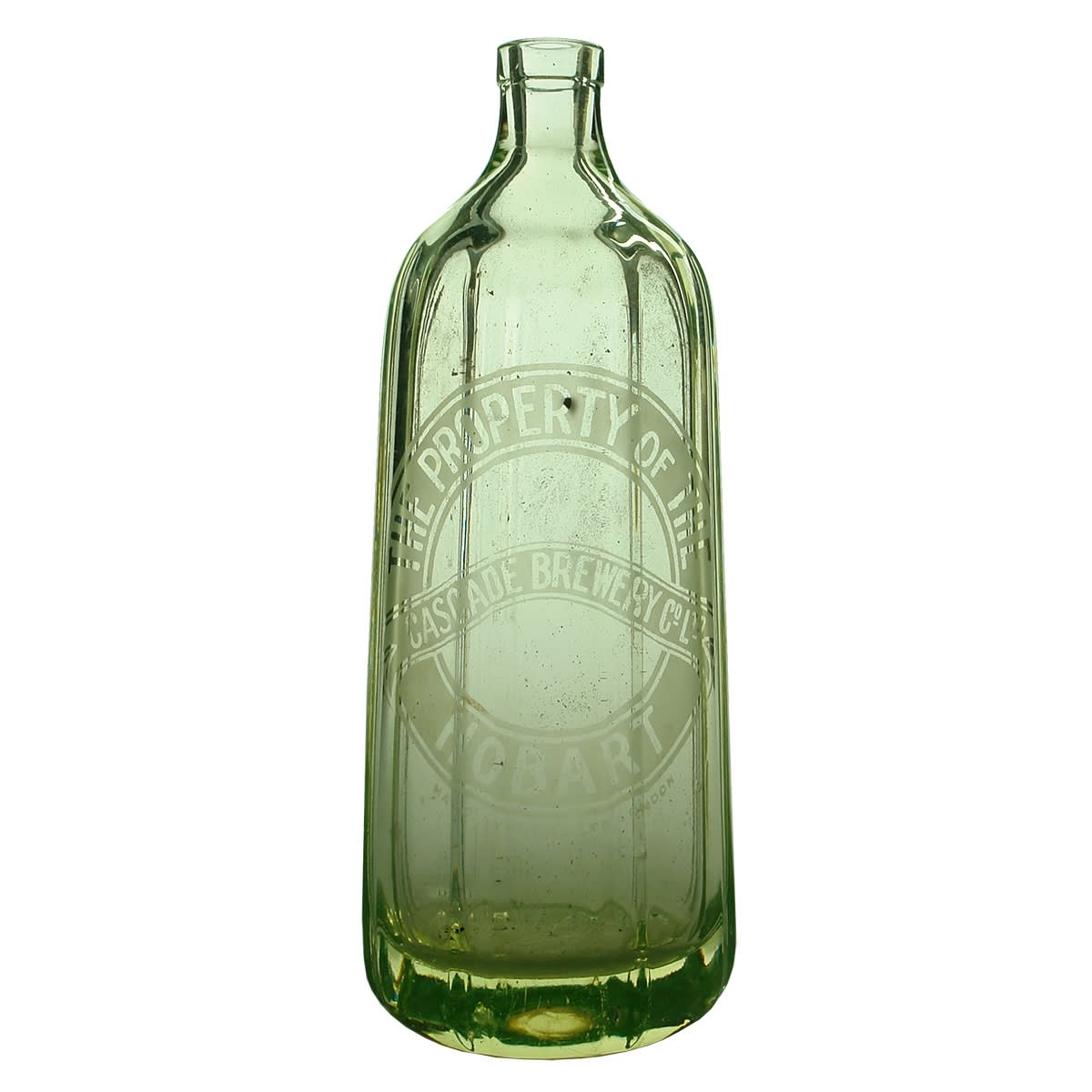 Soda Syphon. Cascade Brewery Co Ltd, Hobart. Tapered. Lime Green Uranium Glass. 30 oz. (Tasmania)