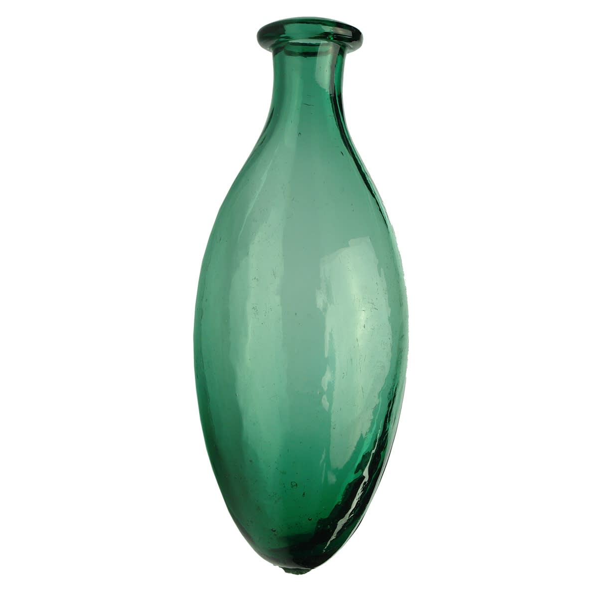 Torpedo. Thin Lip. Green. Has had a word blanked out in the mould on one side. Pontil Scar.
