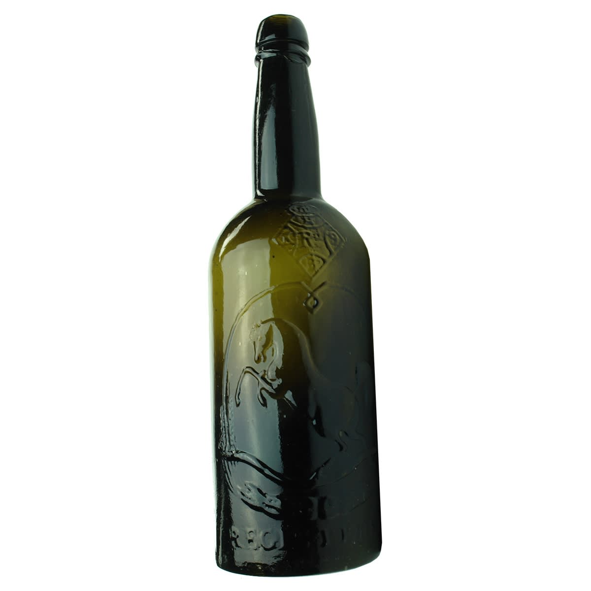 Beer. Black Horse Ale. Black Glass. Tall. Flat or straight sided top. 26 oz. (Tooth & Co., Kent Brewery).