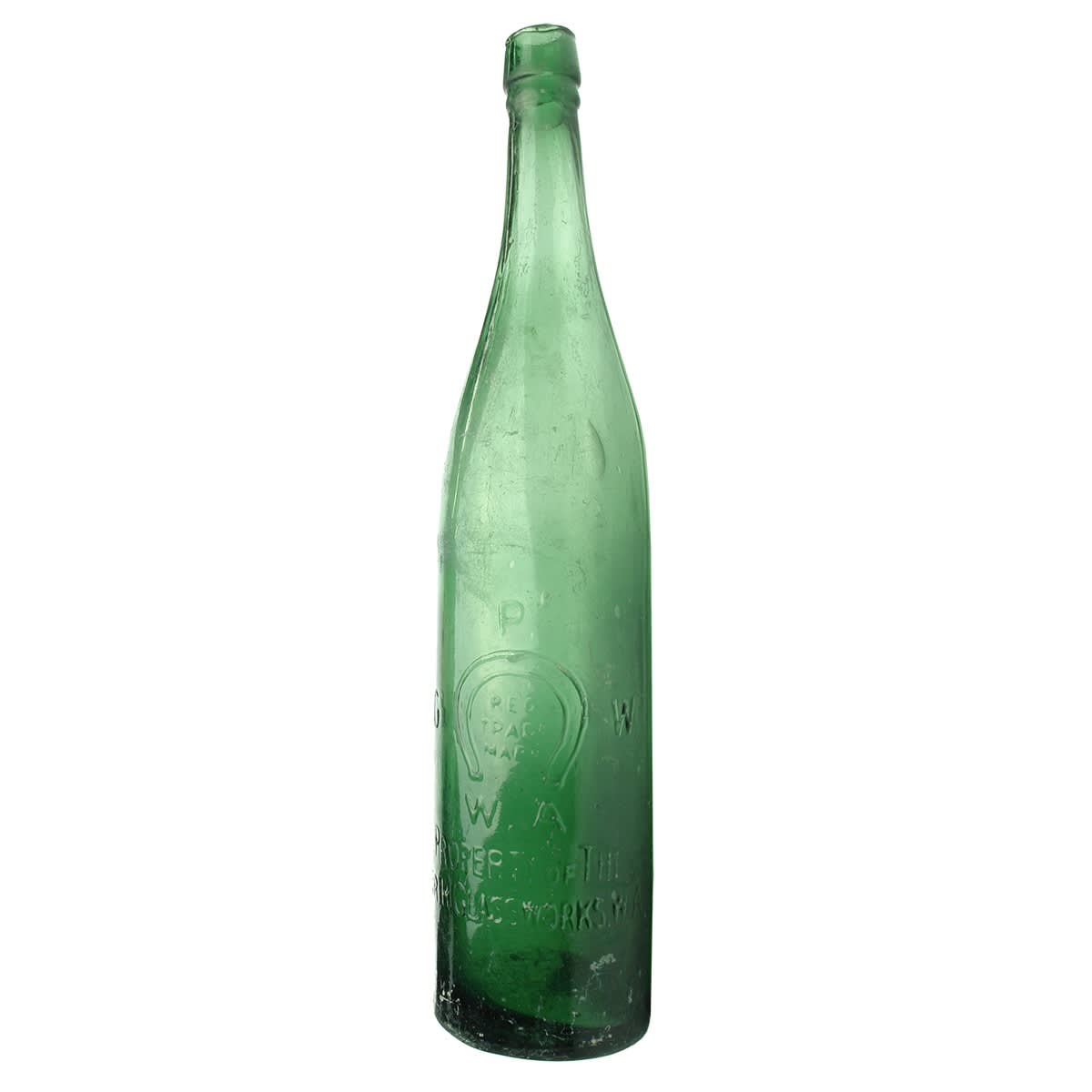 Beer/Vinegar. Perth Glassworks. Cork stopper. Green. 26 oz. (Western Australia)
