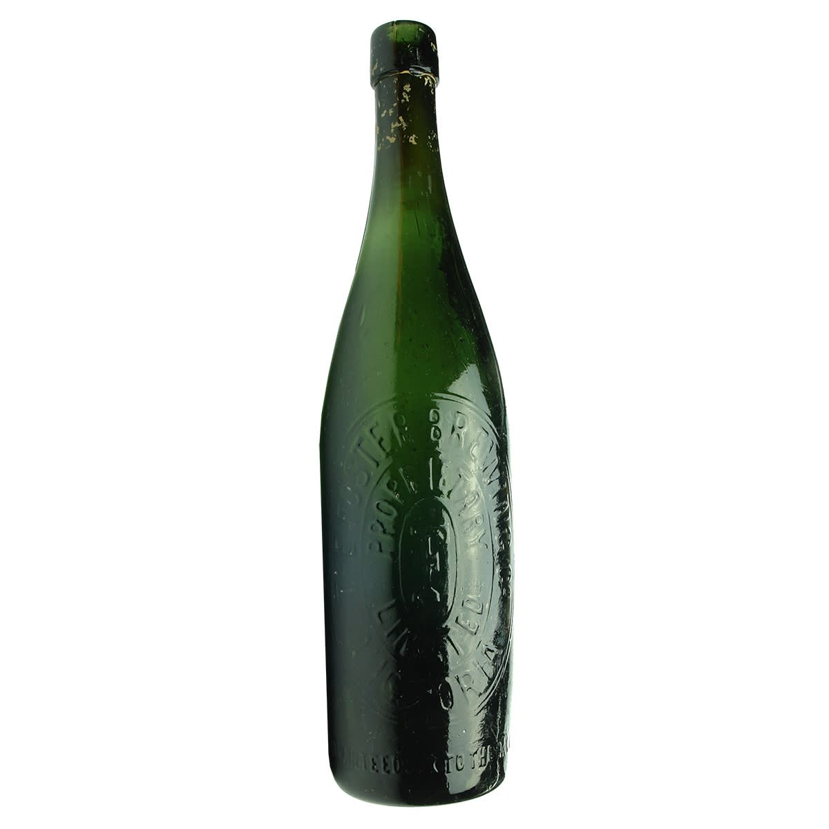 Beer. Fosters. The Foster Brewing Co. Wrap Top. Ft base. Single line to the lower front. Green. 26 oz. (Victoria)