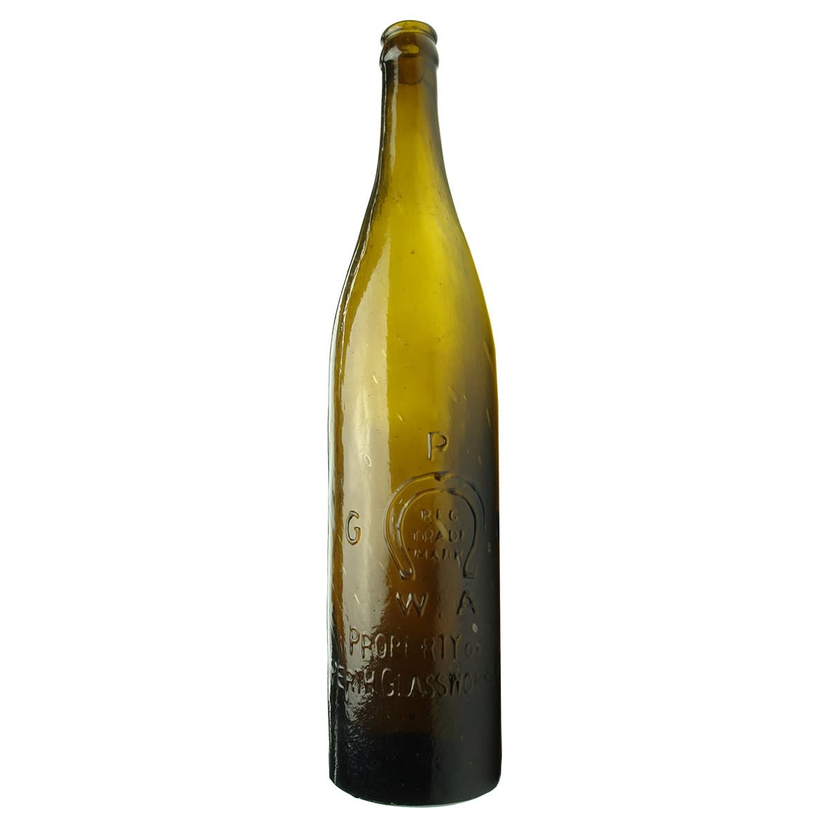 Beer. Perth Glassworks in Open Badge with W. A below Horseshoe. No base mark. Tall Pilsener Shape. Crown Seal. Black, Dark Olive. 26 oz. (Western Australia)